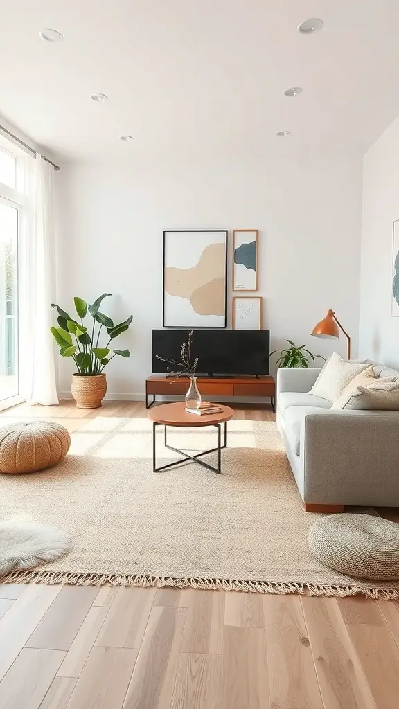 27+ Contemporary Rugs to Elevate Your Living Room Style 16 A modern living room with a natural fiber rug, plants, and contemporary decor.
