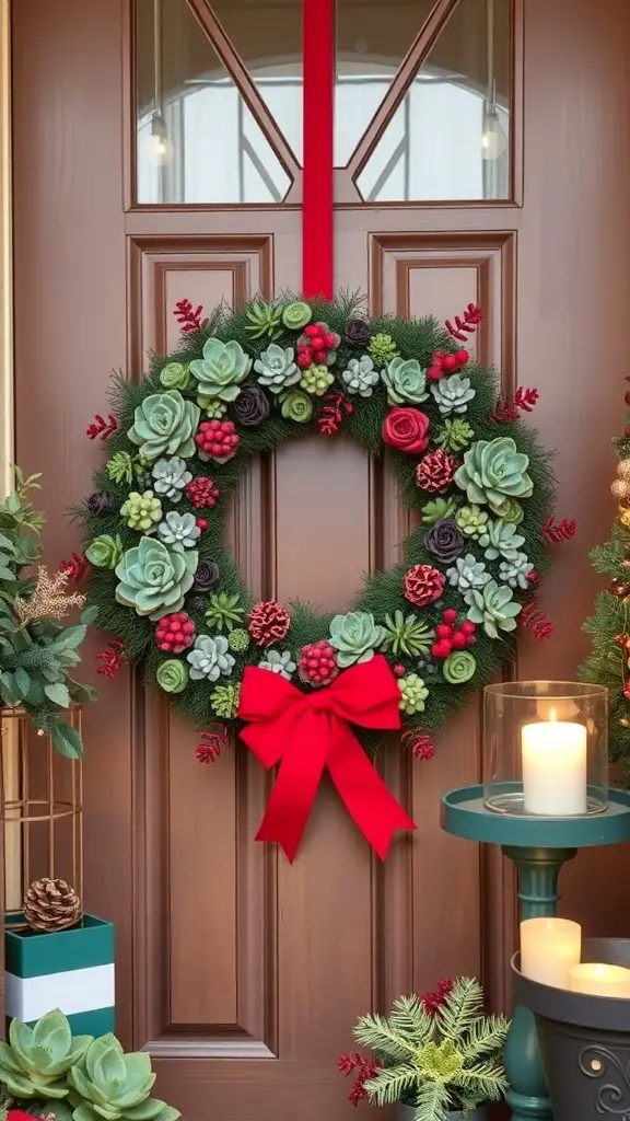 29+ Creative Succulent Pot Ideas You’ll Love 16 A festive succulent wreath with red accents and a bow, hanging on a door.