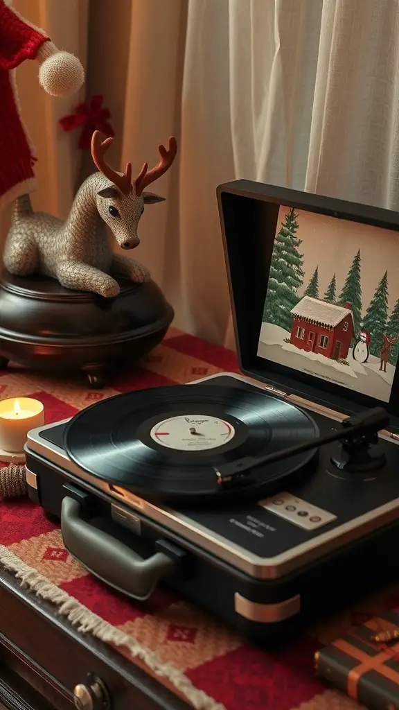 A cozy holiday scene featuring a record player, a reindeer figurine, and festive decorations.