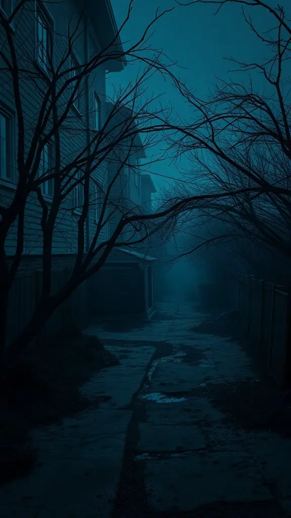 A dark, foggy alleyway with bare trees and shadowy buildings, evoking a creepy atmosphere.