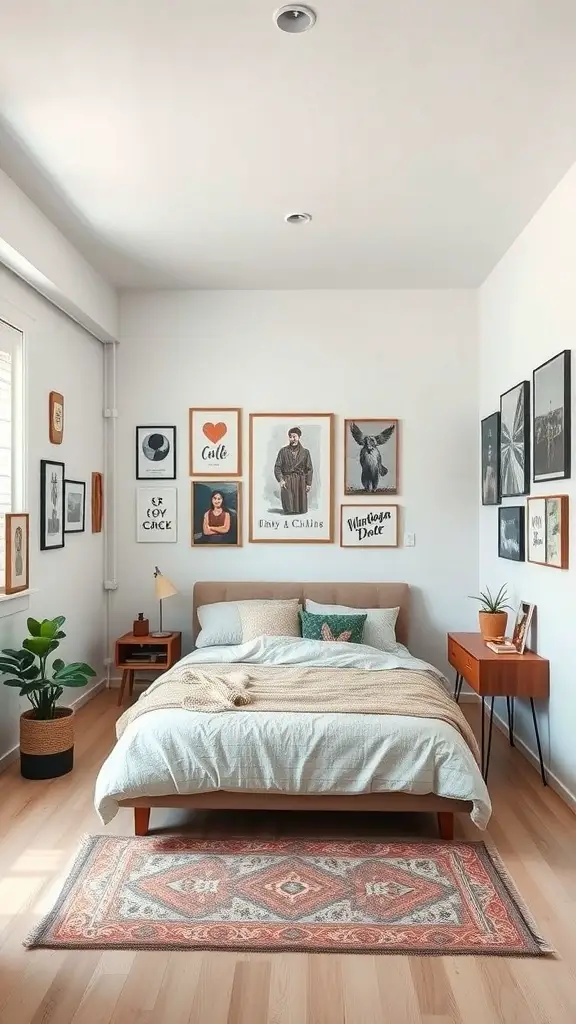 27+ Creative Long and Narrow Bedroom Ideas for Maximizing Space 15 A long and narrow bedroom featuring a bed, wall art, and plants.