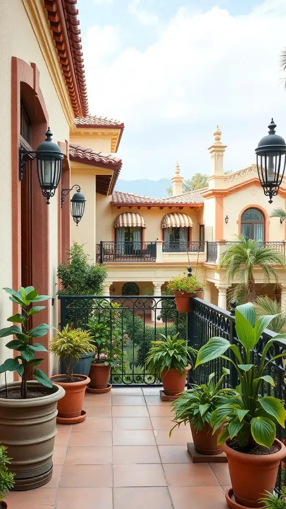 29+ Inspiring Spanish Revival Home Designs You’ll Love 13 A balcony with potted plants and decorative lanterns in a Spanish revival home.