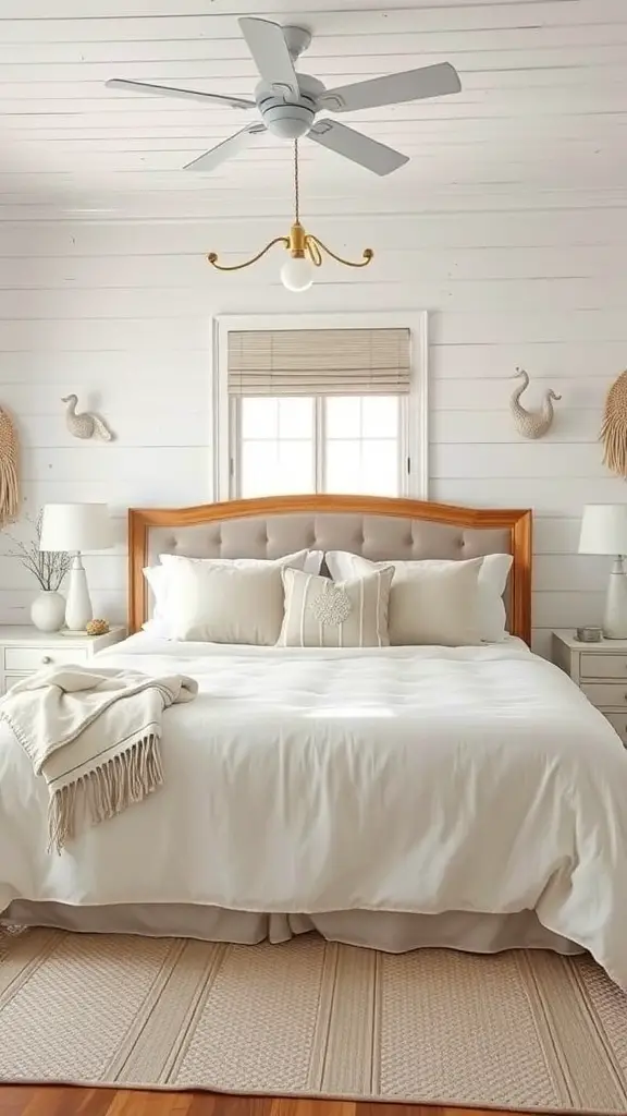 A beautifully styled king bed in a coastal retreat aesthetic with neutral tones, fluffy pillows, and subtle beach-themed decor.