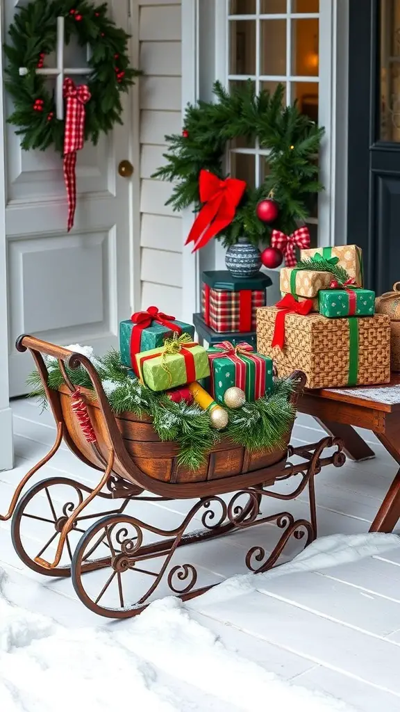 A vintage sleigh filled with gifts and surrounded by Christmas wreaths on a snowy porch.