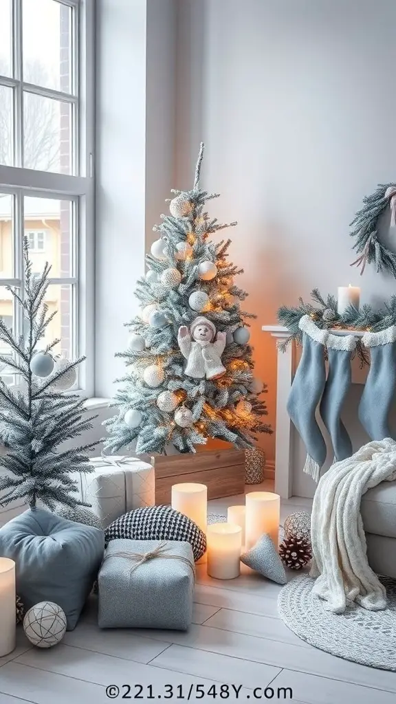 A cozy corner decorated for Christmas with small frosted trees, soft blue and white colors, and warm candlelight.