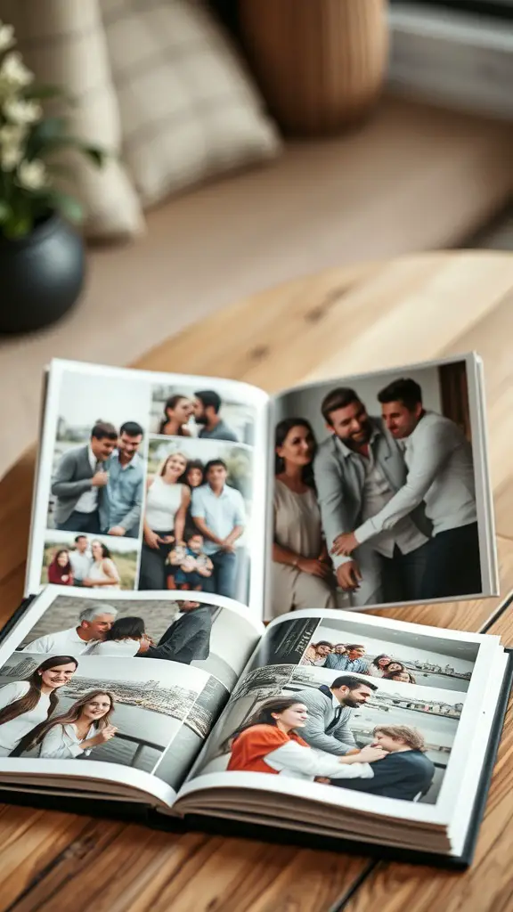 25+ Thoughtful Anniversary Gifts for Her 7 A personalized photo album open on a wooden table, showcasing various family and couple photos.