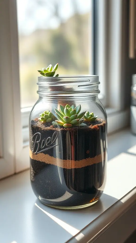 A mason jar filled with soil and small succulents, placed on a windowsill.