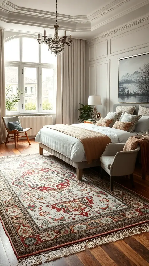 23+ Stunning Bedroom Rug Ideas to Transform Your Space 7 A cozy bedroom featuring a vintage rug with intricate patterns, soft bedding, and elegant decor.
