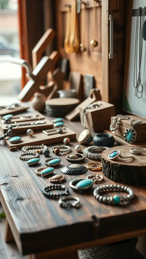 A display of handcrafted jewelry on a wooden table, featuring various necklaces, bracelets, and rings.
