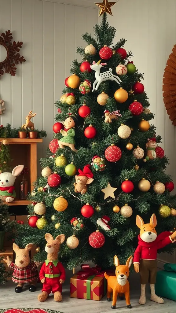 A retro Christmas tree decorated with colorful ornaments and whimsical animal figurines.