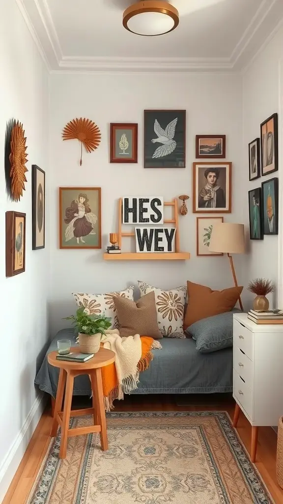 Cozy corner in a small bedroom featuring a gallery wall of personalized art, a comfortable sofa with decorative pillows, and a small wooden table.