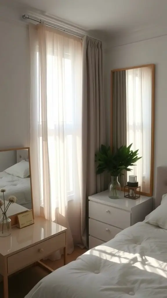 31+ Stylish Bedroom Ideas for Small Rooms 4 A bright small bedroom with a large mirror, soft curtains, and a cozy bed.