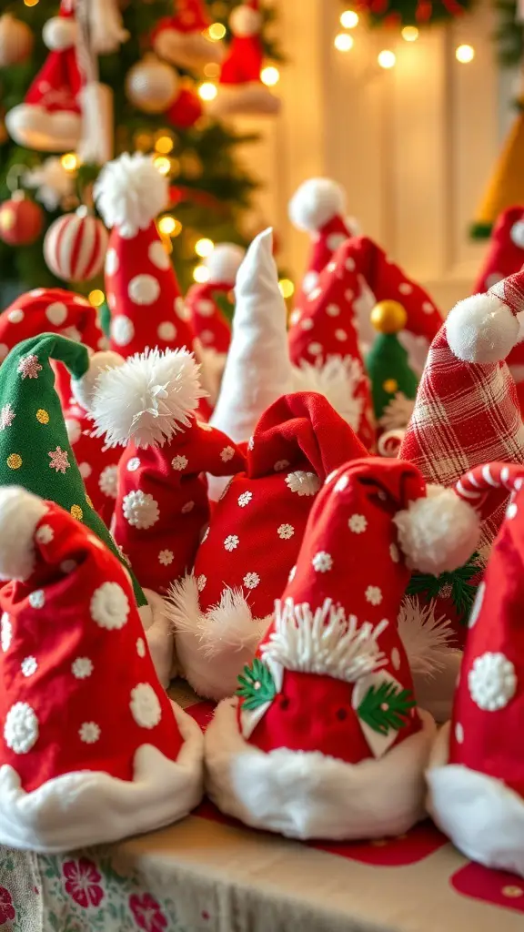 33+ Must-Try Christmas Sewing Patterns for Festive Fun 13 A collection of colorful Santa hats with red fabric and white trim, decorated with pom-poms and embellishments.