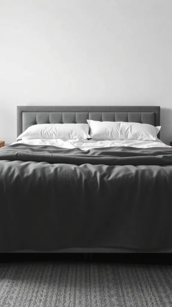 A king bed styled in a monochromatic color scheme with gray bedding and pillows.