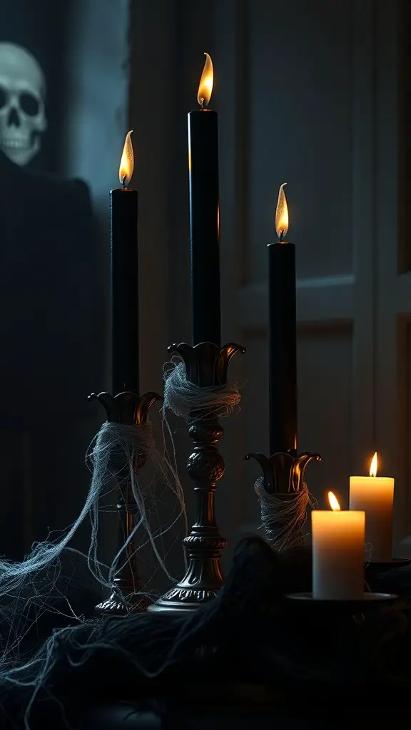 Gothic candle arrangement with black and white candles, cobwebs, and a skull in the background