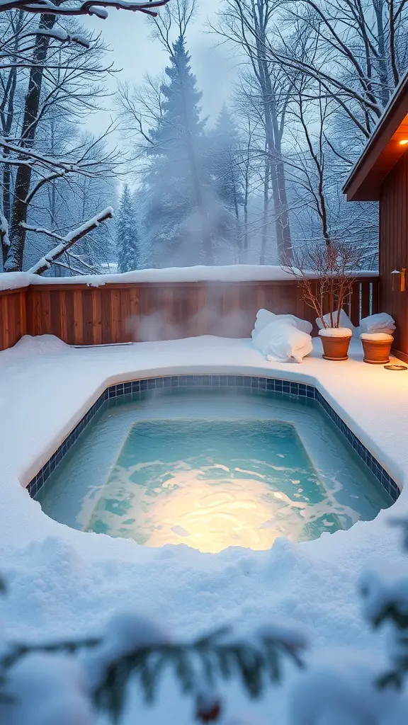 A heated private pool surrounded by snow and trees, with steam rising from the water.
