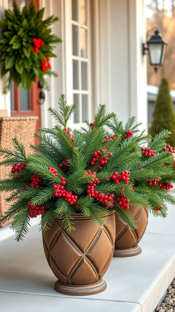Seasonal planters with evergreen foliage and red berries on a porch