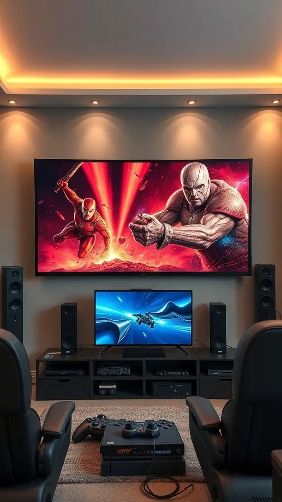 Home theater setup with large screen, gaming console, and comfortable seating.