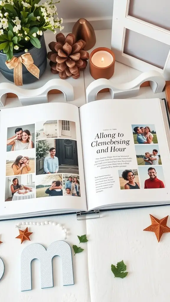 31 Thoughtful Birthday Gifts for Your Boyfriend: Unique Ideas He'll Love 8 A personalized photo book opened to show various pictures of couples and friends, surrounded by decorative items.