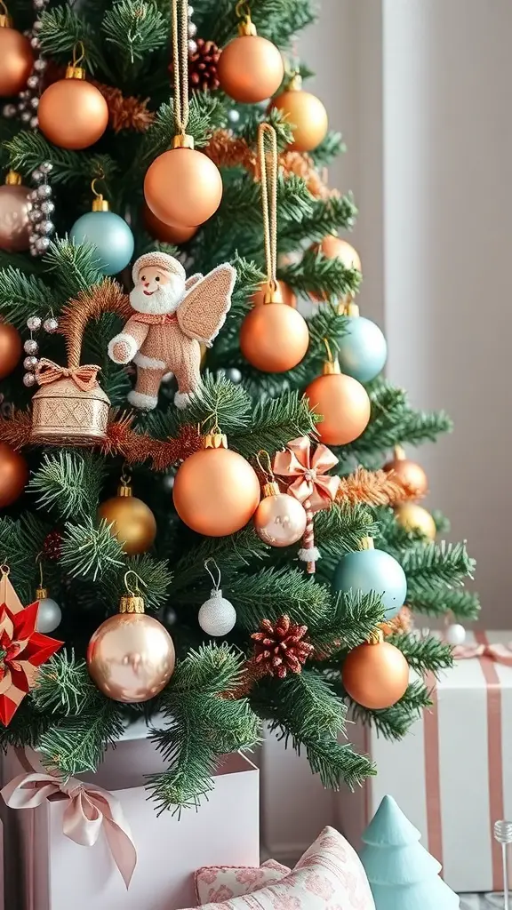 A Christmas tree decorated with bright copper ornaments and pastel accents, featuring a Santa figure and gifts.