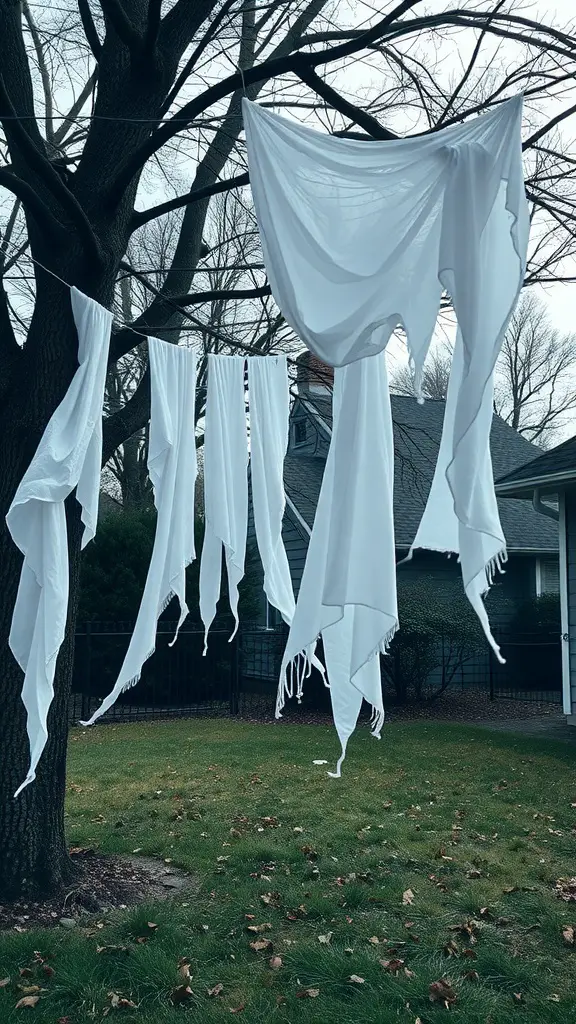 A yard decorated with white cloth ghosts hanging from a tree, creating a spooky atmosphere.