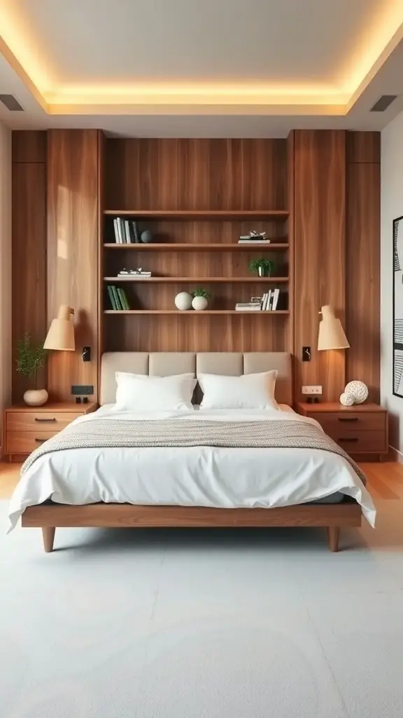 A small master bedroom featuring a king bed with wooden shelving above, showcasing books and decorative items.