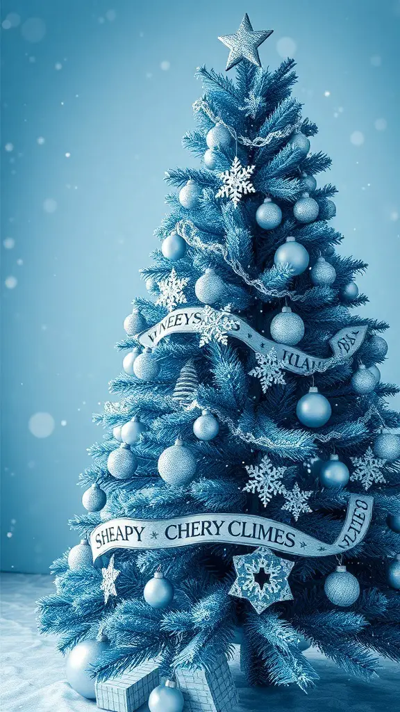A blue Christmas tree decorated with silver ornaments and snowflakes, featuring a whimsical ribbon and gifts underneath.