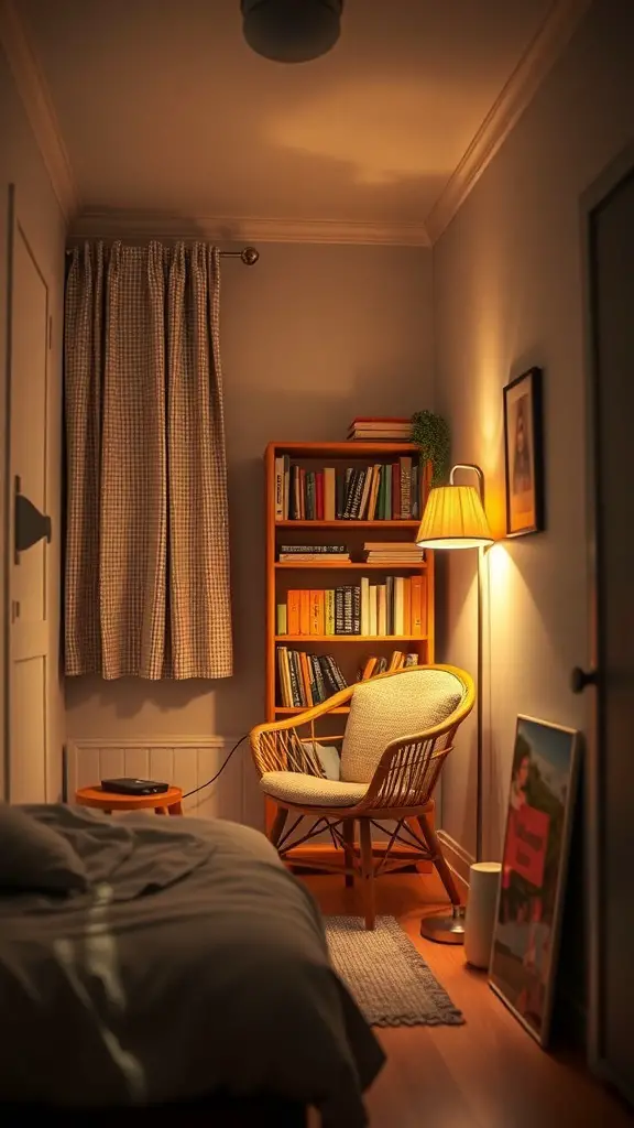 27+ Creative Tiny Bedroom Ideas for Maximum Style and Functionality 5 Cozy reading nook in a tiny bedroom with a chair, bookshelf, and warm lighting.