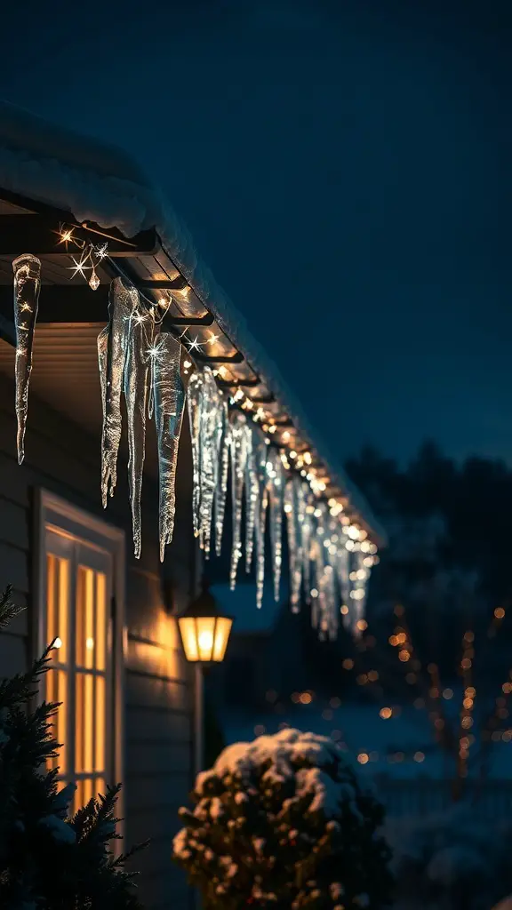 Icicle lights hanging from a roof, illuminating a snowy scene at night.