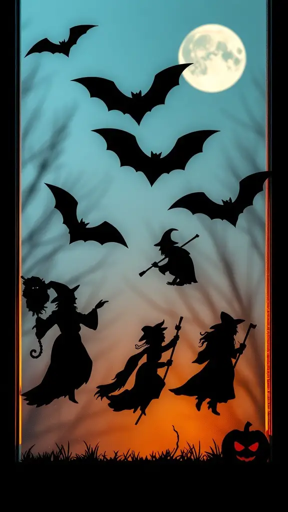 Silhouette cutouts of witches and bats against a moonlit sky