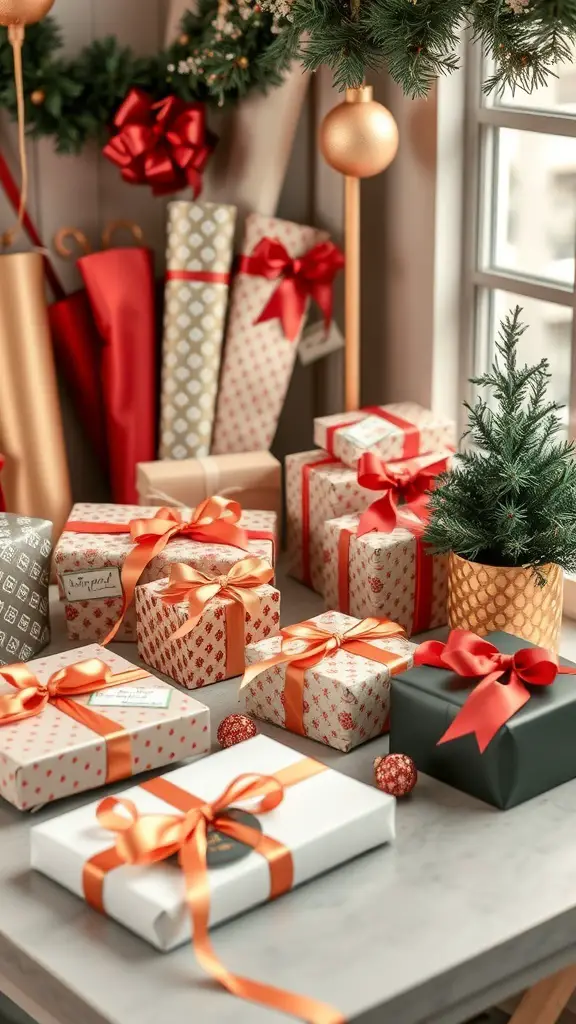 A beautifully arranged holiday gift wrapping station with presents, ribbons, and a small Christmas tree.