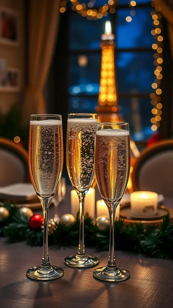 Three flutes of champagne in a festive setting with the Eiffel Tower in the background