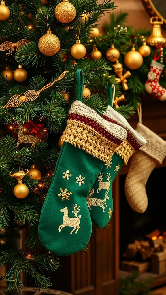 Green and gold Christmas stockings hanging from a decorated tree