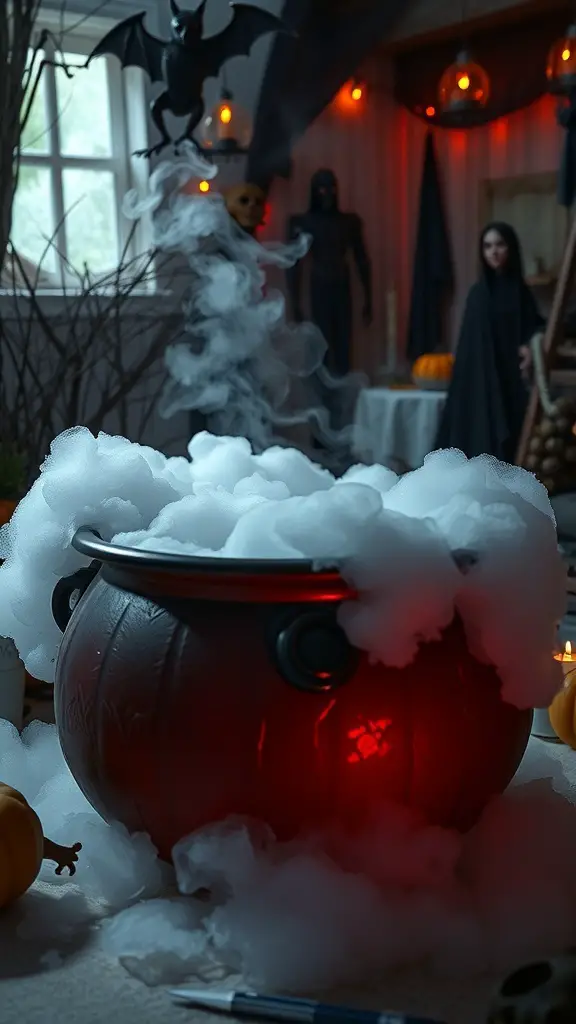 A spooky cauldron with fog and red glow, surrounded by Halloween decorations.