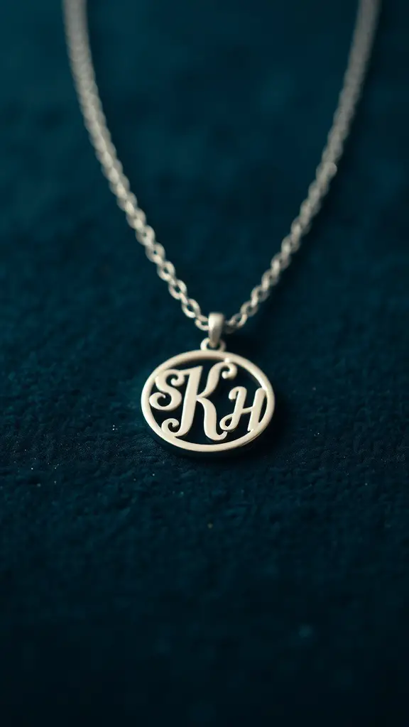 A close-up of a personalized necklace with initials SKH on a dark background.
