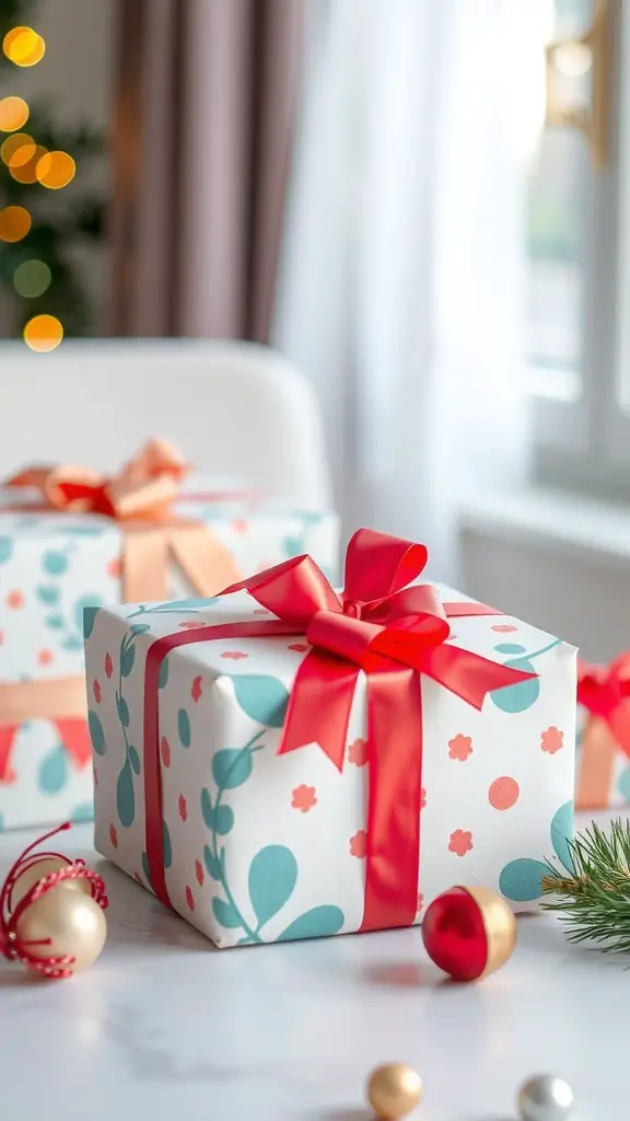 Colorful wrapped gifts with red ribbons and floral designs on a table