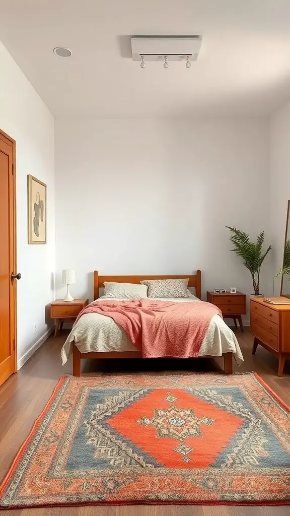 29+ Extra Small Bedroom Ideas to Maximize Space and Style 14 A cozy small bedroom featuring a wooden bed, nightstands, and a colorful rug.
