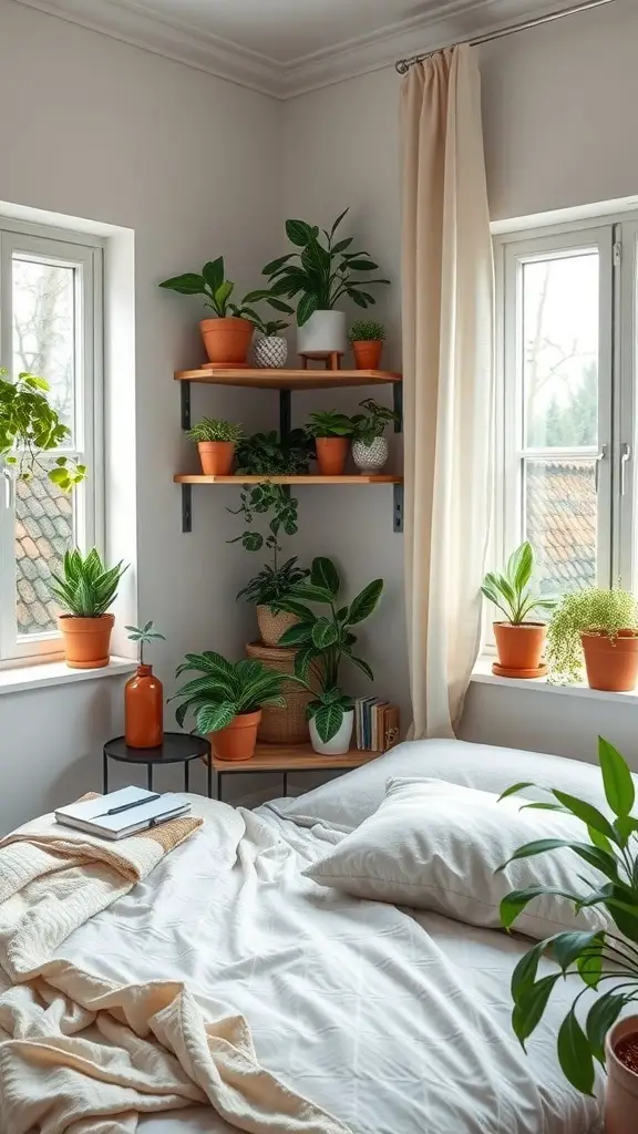 A cozy bedroom corner with various plants on shelves and windowsills, creating a fresh and inviting atmosphere.