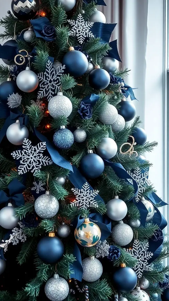 A beautifully decorated navy blue Christmas tree with silver ornaments and snowflakes.