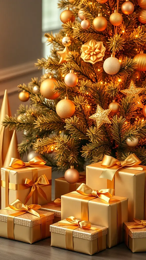 A beautifully decorated Christmas tree with gold ornaments and wrapped gifts in gold wrapping paper.