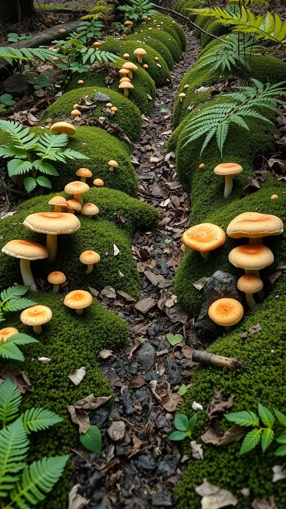 A woodland path lined with vibrant orange mushrooms growing on lush green moss.