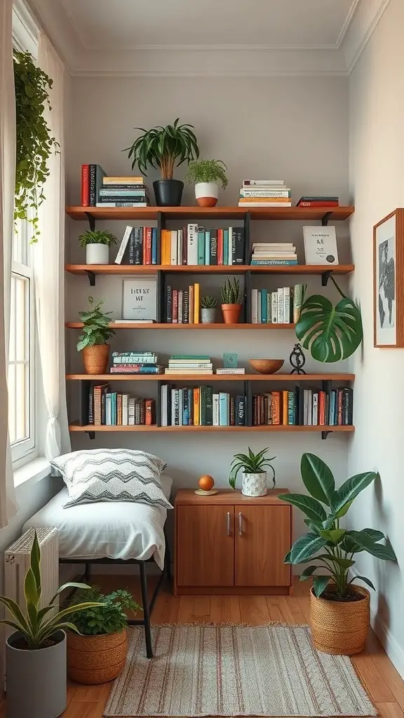 Cozy corner with vertical shelves filled with books and plants in a small bedroom.