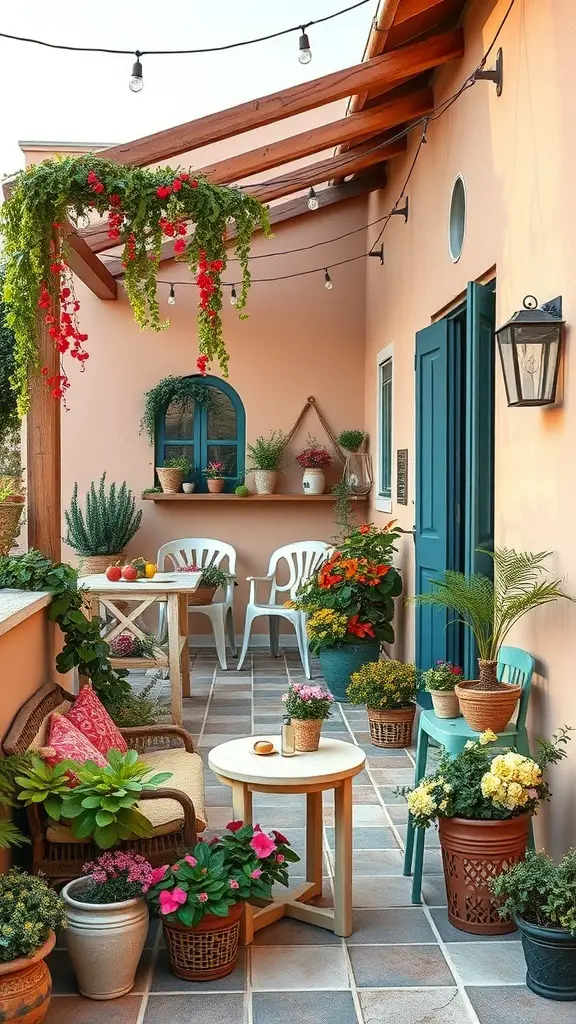 25+ Stunning Mediterranean Terrace Ideas for Your Home 16 A Mediterranean terrace decorated with plants, string lights, and cozy seating.