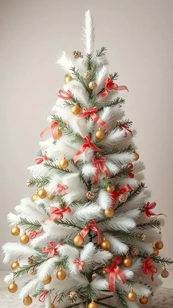 A white Christmas tree decorated with gold ornaments and red ribbons.