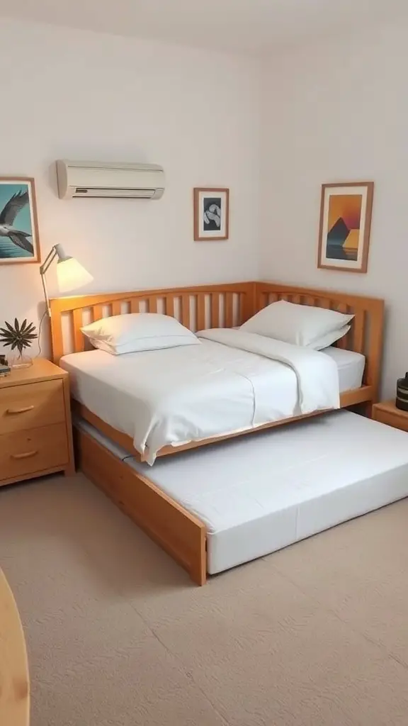 25+ Stylish Bedframe Ideas for Small Rooms 4 A cozy room featuring a trundle bed with a main bed on top and a pull-out bed underneath.