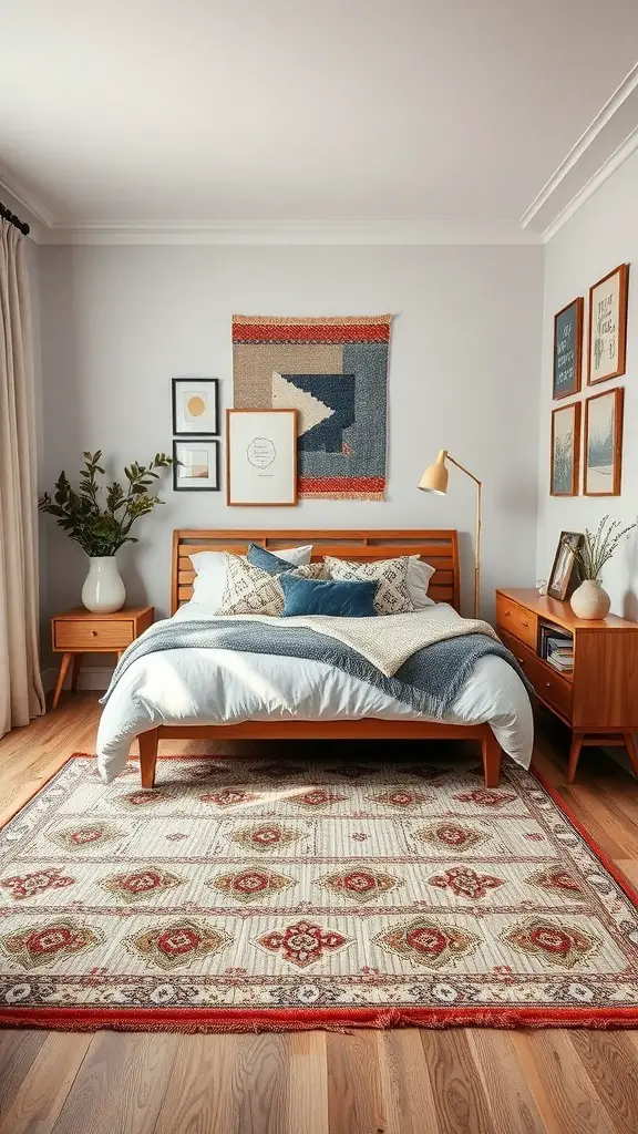 A small bedroom with a bed on a patterned rug, featuring wooden furniture and wall art.