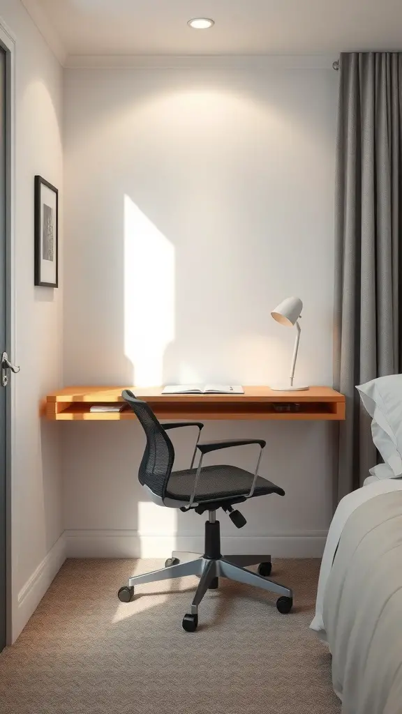 25+ Creative Tiny Guest Bedroom Ideas for a Cozy Space 12 A compact workspace featuring a wall-mounted desk, ergonomic chair, and desk lamp in a guest bedroom.