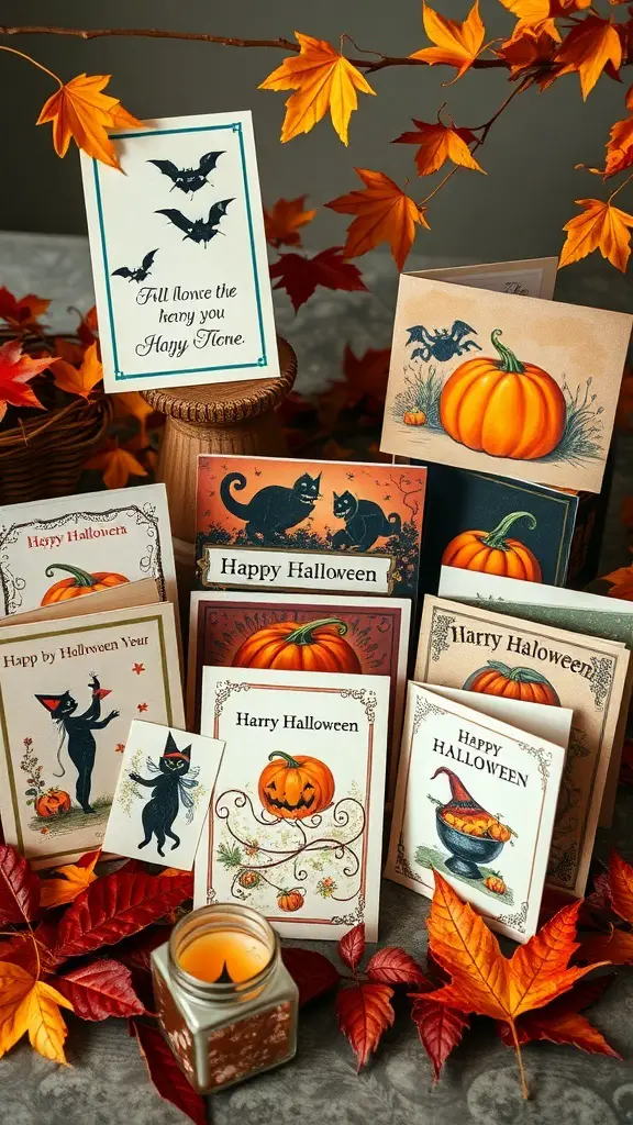 A collection of vintage Halloween greeting cards featuring pumpkins, black cats, and bats, surrounded by autumn leaves.