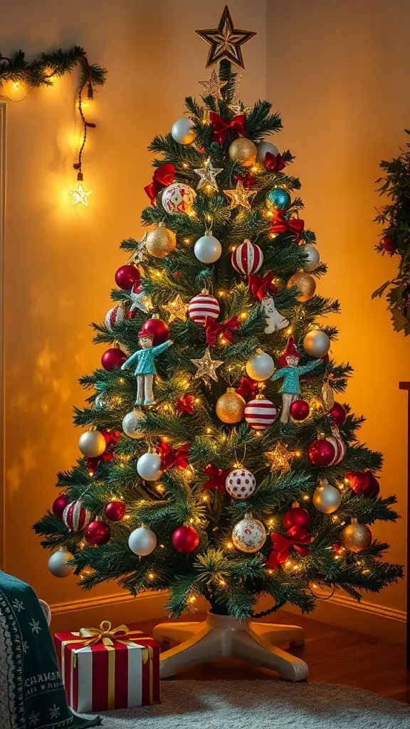 A beautifully decorated Christmas tree with unique ornaments, glowing lights, and a star on top.