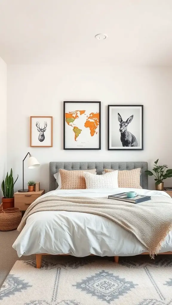25+ Creative Tiny Guest Bedroom Ideas for a Cozy Space 15 A cozy guest bedroom with a gray headboard, decorative pillows, and wall art featuring a deer, a world map, and a hare.